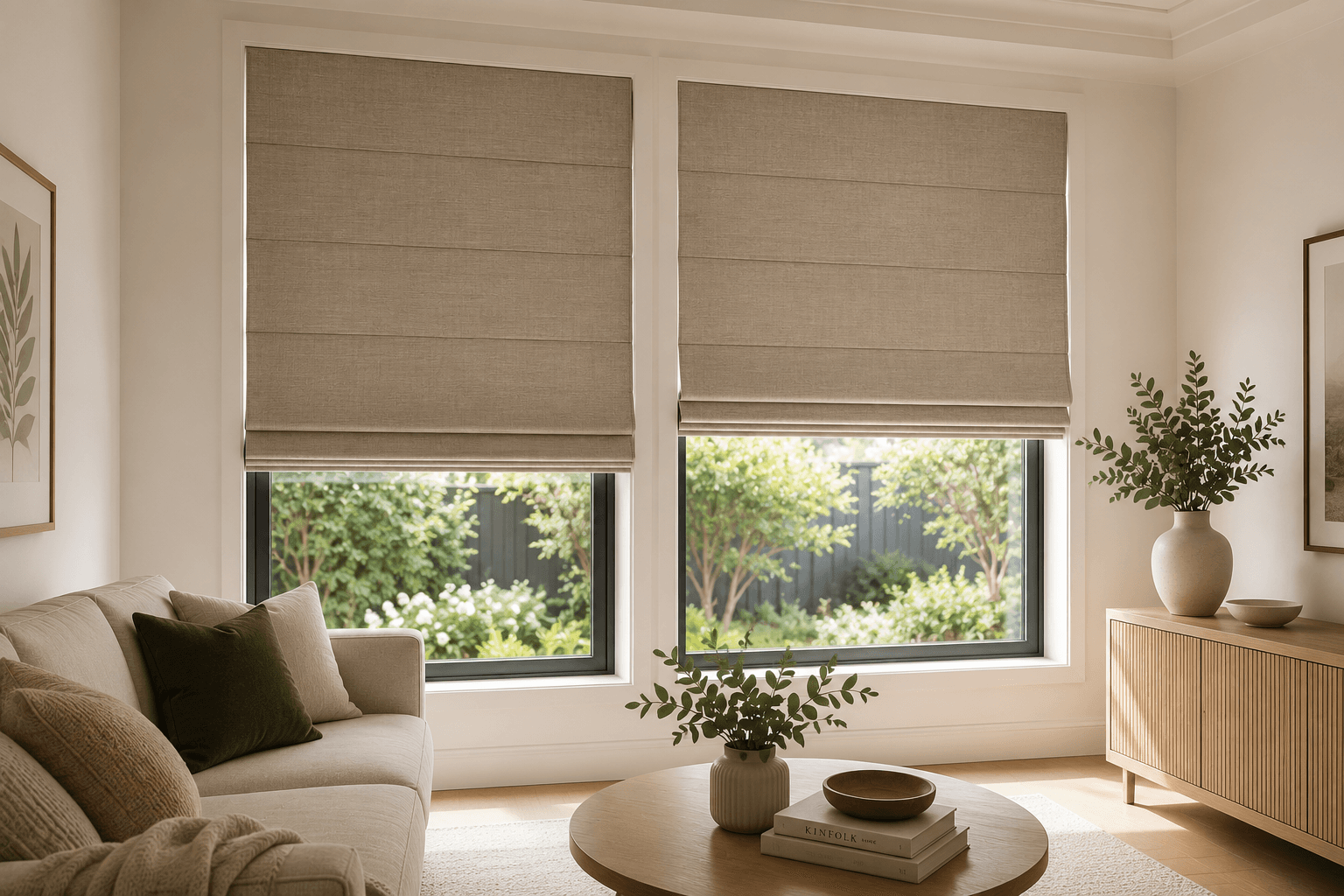 Custom Roman blinds installed in a Melbourne home
