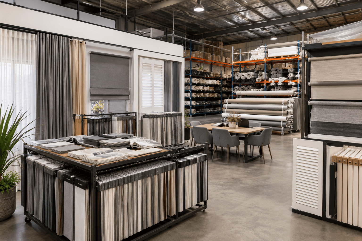 Sun & Shade wholesale showroom with fabric samples, curtains, blinds and shutters